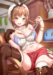 Rule 34 | 1girl, :d, atelier (series), atelier ryza, atelier ryza 1, ayase-mio, bare shoulders, blush, breasts, brown eyes, brown gloves, brown hair, brown thighhighs, chair, cleavage, collarbone, commentary request, fingernails, gloves, hair ornament, hairclip, hat, highres, indoors, jewelry, large breasts, looking at viewer, midriff, navel, necklace, off shoulder, open mouth, red shorts, reisalin stout, short hair, short shorts, shorts, single glove, sitting, smile, solo, star (symbol), star necklace, test tube, thighhighs, thighs, white hat, white thighhighs