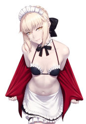 Rule 34 | 1girl, amase (yagami666), artoria pendragon (all), artoria pendragon (alter swimsuit rider) (second ascension) (fate), artoria pendragon (fate), bikini, blonde hair, braid, breasts, closed mouth, fate/grand order, fate (series), french braid, highres, holding, holding clothes, holding jacket, jacket, maid, maid headdress, navel, ribbon, saber alter, smirk, solo, swimsuit, yellow eyes