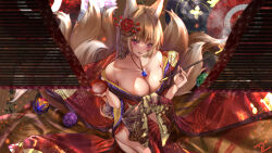 Rule 34 | 1girl, alcohol, animal ears, bare shoulders, blonde hair, blush, breasts, cleavage, cup, flower, fox ears, fox tail, from above, hair flower, hair ornament, highres, holding, holding cup, holding smoking pipe, indoors, japanese clothes, jewelry, kimono, large breasts, licking lips, long hair, looking at viewer, multiple tails, necklace, no bra, nolmo, obi, off shoulder, oil-paper umbrella, original, red eyes, sakazuki, sake, sash, seiza, sitting, smile, smoking pipe, solo, tail, tongue, tongue out, umbrella