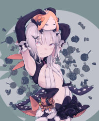 Rule 34 | 1girl, abigail williams (fate), absurdres, armpits, arms up, blush, breasts, daisi gi, detached sleeves, fate/grand order, fate (series), halloween, highres, horns, lavinia whateley (fate), long hair, long sleeves, purple eyes, single horn, small breasts, stuffed toy, white hair, wide-eyed