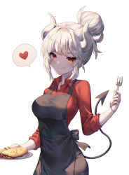 Rule 34 | 1girl, apron, bad id, bad pixiv id, black apron, blunt bangs, blush, breasts, closed mouth, commentary, cowboy shot, dated, demon girl, demon horns, demon tail, fang, food, grey hair, hair bun, heart, helltaker, highres, holding, holding plate, horns, large breasts, long hair, long sleeves, looking at viewer, lucifer (helltaker), mole, mole under eye, plate, red eyes, red shirt, shiro albino, shirt, short hair, sidelocks, simple background, single hair bun, skin fang, sleeves rolled up, smile, solo, spoken heart, tail, white background, white hair, white horns