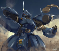 Rule 34 | absurdres, artist name, atsajh, dust, explosive, fake screenshot, gundam, gundam 0080, highres, kampfer (mobile suit), looking to the side, mecha, mine (weapon), no humans, one-eyed, open hand, realistic, red eyes, robot, smoke, solo, zeon