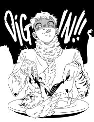 Rule 34 | !, !!, 1boy, absurdres, almond (watery day), asymmetrical wings, chimera, closed mouth, commentary, demon horns, drooling, dungeon meshi, eating, english commentary, english text, feathered wings, feathers, fingernails, fork, greyscale, hands up, highres, holding, holding fork, holding knife, horns, knife, laios touden, laios touden (chimera), licking lips, lion, lying, male focus, mismatched pupils, monochrome, monster boy, on back, open mouth, plate, shaded face, sharp fingernails, shirt, short hair, simple background, size difference, slit pupils, spoilers, talons, tiger stripes, tongue, tongue out, winged lion (dungeon meshi), wings