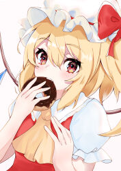 Rule 34 | 1girl, absurdres, ascot, blonde hair, bloom, blush, bow, breasts, commentary request, crystal, double-parted bangs, eating, eyes visible through hair, fang, flandre scarlet, frilled shirt collar, frills, hair between eyes, hands up, hat, hat bow, highres, holding doughnut, komori hiki16, looking at viewer, medium hair, mob cap, one side up, puffy short sleeves, puffy sleeves, red bow, red eyes, red vest, short sleeves, simple background, small breasts, solo, touhou, upper body, vest, white background, wings, yellow ascot