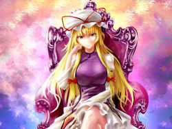 Rule 34 | 1girl, armband, bare legs, blonde hair, bow, breasts, chair, hand fan, folding fan, hair bow, hand on own face, hat, head tilt, highres, holding, huge breasts, large breasts, crossed legs, light smile, long hair, looking at viewer, mob cap, multicolored background, multicolored eyes, purple eyes, tabard, touhou, xiaoyin li, yakumo yukari, yellow eyes