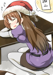 Rule 34 | 10s, 1girl, ^ ^, absurdres, arm pillow, ashigara (kancolle), blush, brown hair, closed eyes, cup, drooling, drunk, closed eyes, hairband, hat, highres, kantai collection, open mouth, pantyhose, ryuki (ryukisukune), santa hat, seiza, sitting, skirt, sleeping, smile, solo, table, translation request, white pantyhose