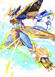 Rule 34 | abstract background, absurdres, armor, blue skin, breastplate, claws, colored skin, digimon, digimon (creature), dragon boy, dragon horns, dragon tail, faulds, fewer digits, gold armor, helmet, highres, horns, knight, magnamon, monster boy, name e04, sabaton, shoulder armor, sparkle, tail, vambraces