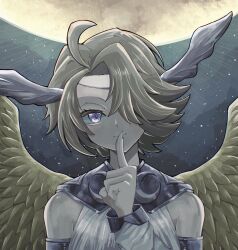 Rule 34 | 1girl, ahoge, bare shoulders, brown hair, detached sleeves, duel monster, feathered wings, finger to mouth, hair over one eye, head wings, highres, index finger raised, moon, parted bangs, protector of the agents - moon, purple eyes, short hair, sky, solo, star (sky), starry sky, tamatarou, upper body, wings, yu-gi-oh!