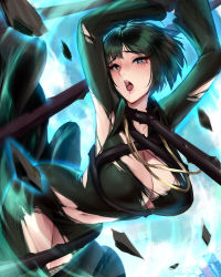 Rule 34 | arms up, bdsm, bent over, blue eyes, breasts, cian yo, crying, crying with eyes open, dress, fubuki (one-punch man), green hair, heart, heart-shaped pupils, highres, large breasts, one-punch man, open mouth, saliva, short hair, symbol-shaped pupils, tears, thorns, torn clothes, whip