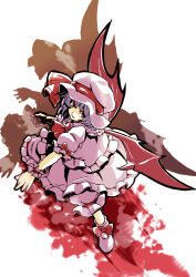 Rule 34 | 1girl, bad id, bad pixiv id, demon wings, female focus, hat, light purple hair, looking at viewer, mob cap, puffy short sleeves, puffy sleeves, red eyes, remilia scarlet, short sleeves, simple background, solo, standing, touhou, tsuttsu, vampire, white background, wings