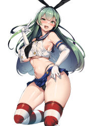 Rule 34 | 1girl, :d, absurdres, animal ears, black panties, blue eyes, blue sailor collar, blue skirt, breasts, commentary request, cosplay, elbow gloves, fake animal ears, gloves, green hair, halter shirt, halterneck, hamakaze (kancolle), hamakaze (kancolle) (cosplay), highleg, highleg panties, highres, index finger raised, kantai collection, large breasts, long hair, open mouth, panties, sailor collar, shimakaze (kancolle), shiny skin, shirt, simple background, skirt, smile, solo, standing, striped clothes, striped thighhighs, suzuya (kancolle), teeth, thighhighs, thighs, torisan, underboob, underwear, upper teeth only, white background, white gloves, white shirt