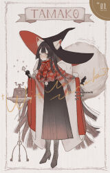 Rule 34 | 1girl, :o, animal ear fluff, animal ears, antique phone, black footwear, black gloves, black hakama, black hat, blue eyes, blunt ends, blush, boots, bow, bowtie, brown hair, character name, commentary request, corded phone, cross-laced footwear, ears through headwear, fox ears, fox tail, full body, gloves, gradient sleeves, hakama, hakama skirt, hat, high heel boots, high heels, highres, holding, holding phone, japanese clothes, kimono, lace-trimmed bowtie, long hair, looking at viewer, neirutowero6, original, parted lips, phone, red bow, red bowtie, red hat, red kimono, sample watermark, short kimono, simple background, single sidelock, skirt, solo, sparkle, straight hair, striped clothes, striped kimono, table, tail, twitter username, two-sided fabric, two-sided headwear, very long hair, watermark, white background, white sleeves, wide brim, wide sleeves, witch, witch hat