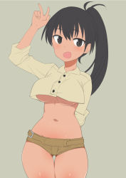Rule 34 | 1girl, aohashi ame, black eyes, black hair, blush, breasts, brown background, green shorts, highres, large breasts, long hair, luminous witches, manaia matawhaura hato, micro shorts, midriff, navel, no bra, open mouth, ponytail, shiny skin, shorts, simple background, solo, underboob, v, world witches series
