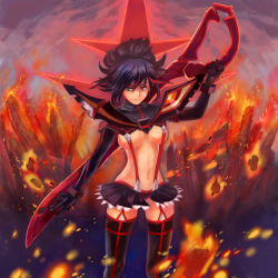 Rule 34 | 10s, 1girl, bad id, bad pixiv id, black hair, blue eyes, boots, breasts, commentary request, fire, hira (pixiv422561), kill la kill, matoi ryuuko, medium breasts, microskirt, midriff, multicolored hair, navel, over shoulder, pleated skirt, red hair, revealing clothes, scissor blade (kill la kill), senketsu, short hair, skirt, solo, suspenders, thigh boots, thighhighs, two-tone hair, underboob, weapon, weapon over shoulder, zettai ryouiki