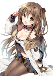 Rule 34 | 1girl, blush, breasts, brown eyes, brown hair, cleavage, collarbone, fingerless gloves, girls&#039; frontline, gloves, hair between eyes, hair ornament, hairclip, k2 (girls&#039; frontline), large breasts, long hair, looking at viewer, mauve, navel, open mouth, pantyhose, salute, simple background, sitting, solo, white background