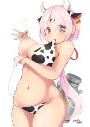 Rule 34 | 1girl, alternate costume, animal ears, animal print, arm under breasts, asymmetrical bangs, bare shoulders, bikini, breast hold, breast lift, breasts, cow ears, cow horns, cow print, cowboy shot, curvy, deto, ear tag, extra ears, eyes visible through hair, groin, hair ornament, hair over one eye, hair ribbon, hairclip, heart, highres, holding, holding clothes, horns, kemonomimi mode, large breasts, long hair, looking at viewer, low ponytail, mouth hold, navel, nijisanji, nipple pull, nipple stimulation, nipple tweak, nipples, off shoulder, one breast out, pink eyes, pink hair, ponytail, presenting, print bikini, red ribbon, ribbon, shiina yuika, signature, simple background, solo, spaghetti strap, string bikini, swimsuit, thighs, unworn bikini top, very long hair, virtual youtuber, white background
