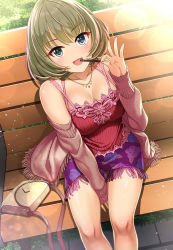 Rule 34 | 1girl, bag, bare shoulders, bench, blue eyes, blush, breasts, brown hair, camisole, cleavage, collarbone, eating, eyelashes, floral print, food, green eyes, handbag, heterochromia, highres, idolmaster, idolmaster cinderella girls, jewelry, large breasts, lens flare, long sleeves, looking at viewer, mk (mod0), necklace, off-shoulder, off-shoulder sweater, off shoulder, open mouth, pink sweater, pocky, purple skirt, red camisole, short hair, sitting, skirt, smile, solo, sweater, takagaki kaede, thighs