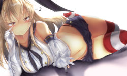 Rule 34 | 1boy, 1girl, admiral (kancolle), alicemagic, bad id, bad pixiv id, bare shoulders, black headband, black neckerchief, black panties, blonde hair, blush, breasts, brown eyes, buttons, closed mouth, collarbone, crop top, elbow gloves, finger to face, giant, giantess, gloves, groin, hair between eyes, hair ornament, hairband, half-closed eyes, headband, highleg, highleg panties, highres, kantai collection, long hair, lying, miniskirt, musical note, navel, neckerchief, on side, panties, reaching, reaching towards viewer, sailor collar, school uniform, serafuku, shimakaze (kancolle), sidelocks, skindentation, skirt, smile, stomach, striped clothes, striped thighhighs, thighhighs, thighs, underwear, white gloves