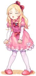 Rule 34 | 1girl, blonde hair, blush, bow, brooch, clenched hands, closed eyes, criss-cross halter, curly hair, dress, dress bow, drill hair, eromanga sensei, floor, frilled dress, frilled sleeves, frills, full body, hair bow, hairband, halterneck, jewelry, leaning forward, lolita fashion, long hair, long sleeves, pantyhose, pink dress, pink slippers, pointy ears, red bow, simple background, slippers, solo, standing, twin drills, urayamashiro (artist), white background, white pantyhose, wooden floor, yamada elf