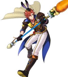 Rule 34 | 1boy, animal hat, attack, black gloves, boots, brown footwear, cape, fire emblem, fire emblem: three houses, fire emblem heroes, gloves, hat, highres, holding, holding polearm, holding weapon, male focus, nintendo, non-web source, official alternate costume, official art, pants, polearm, rabbit hat, red eyes, red hair, solo, sylvain jose gautier, sylvain jose gautier (spring), v-shaped eyebrows, weapon, white pants