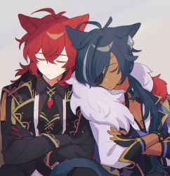 Rule 34 | 2boys, ahoge, animal ears, black suit, blue hair, commentary, crossed arms, dark-skinned male, dark skin, diluc (genshin impact), earrings, eyepatch, closed eyes, feather boa, formal, genshin impact, grey background, highres, jewelry, kaeya (genshin impact), long hair, multiple boys, open clothes, open shirt, ponytail, red hair, sidelocks, simple background, single earring, sleeping, sleeping on person, sleeping upright, suit, tail, upper body, yaoi, zumi tiri