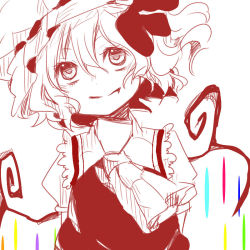 Rule 34 | 1girl, arms behind back, ascot, bad id, bad pixiv id, bow, fang, female focus, flandre scarlet, hair bow, hat, monochrome, pikojirokurao, puffy sleeves, short hair, short sleeves, side ponytail, smile, solo, touhou, wings