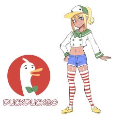 Rule 34 | 1girl, absurdres, baseball cap, blonde hair, blue eyes, bow, bowtie, dark skin, duckduckgo, full body, green neckwear, green sailor collar, hand on own hip, hat, highres, hinghoi, long sleeves, looking at viewer, midriff, navel, original, personification, ponytail, sailor collar, shoes, shorts, simple background, smile, standing, striped clothes, striped thighhighs, thighhighs, white background, yellow footwear