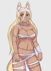 Rule 34 | 1girl, animal ears, bandages, blonde hair, breasts, collarbone, commentary, cowboy shot, dark-skinned female, dark skin, fox ears, fox tail, gluteal fold, halloween, highres, long hair, looking at viewer, medium breasts, naked bandage, nav (itsnav), navel, original, red eyes, scar, solo, stomach, symbol-only commentary, tail, triangle mouth, very long hair