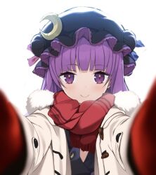 Rule 34 | 1girl, black headwear, coat, crescent, crescent hat ornament, hat ornament, hug, looking at viewer, lw og3, mittens, patchouli knowledge, pov, purple eyes, purple hair, red mittens, red scarf, scarf, smile, solo, touhou, white background, white coat, winter clothes, winter coat