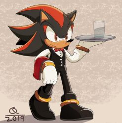 Rule 34 | 1boy, alternate costume, black footwear, bow, bowtie, cup, full body, furry, furry male, gloves, holding, holding tray, quark196, red eyes, shadow the hedgehog, solo, sonic (series), towel on arm, tray, waiter, white gloves