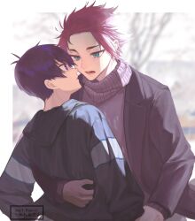 Rule 34 | 2boys, ahoge, black jacket, blue eyes, blue hair, blue lock, cowboy shot, highres, holding another&#039;s arm, hood, hood down, isagi yoichi, itoshi sae, jacket, long sleeves, looking at another, male focus, multiple boys, open mouth, profile, red hair, red sweater, rincuterinangel965yeah, short hair, standing, sweater, yaoi