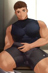 Rule 34 | 1boy, bara, bulge, clothed masturbation, crotch grab, dark-skinned male, dark skin, erection, erection under clothes, goburin second, highres, large pectorals, locker, locker room, looking at viewer, male focus, male masturbation, masturbation, muscular, muscular male, on bench, original, paid reward available, pectorals, short hair, sideburns, sitting, solo, spread legs, sweat, thick eyebrows, thick thighs, thighs, wavy mouth