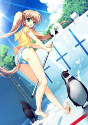 Rule 34 | 1girl, :d, ass, bad id, bad pixiv id, bare legs, barefoot, bikini, bird, blonde hair, blush, breasts, cameltoe, dutch angle, empty pool, green eyes, highres, hood, hooded jacket, hoodie, jacket, ladder, lens flare, light rays, long hair, looking back, mikeou, open mouth, original, penguin, pool, pool ladder, smile, soap bubbles, solo, sparkle, striped bikini, striped clothes, sunbeam, sunlight, swimsuit, trefoil, twintails, underboob, very long hair