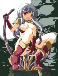 Rule 34 | 1girl, blush, boots, breasts, breasts out, cum, elain, gloves, loincloth, long hair, mage (ragnarok online), monster, nipples, no panties, object insertion, open mouth, pussy, ragnarok online, rape, red eyes, restrained, silver hair, tears, tentacles, torn clothes, vaginal, vaginal object insertion