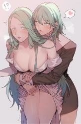 Rule 34 | !?, 2girls, blush, breasts, breath, byleth (female) (fire emblem), byleth (fire emblem), cleavage, clothes lift, female focus, fire emblem, fire emblem: three houses, green eyes, green hair, grey background, hair between eyes, heart, highres, ikarin, jewelry, large breasts, lifting another&#039;s clothes, long hair, matching hair/eyes, multiple girls, nintendo, parted lips, pointy ears, rhea (fire emblem), ring, simple background, spoken heart, very long hair, yuri