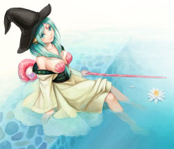 Rule 34 | 1girl, aqua eyes, aqua hair, bare shoulders, between breasts, breasts, flower, from above, front ponytail, hat, kiiroink, large breasts, long hair, looking at viewer, magi the labyrinth of magic, shell, shell bikini, sitting, soaking feet, solo, staff, water, witch hat, yamuraiha