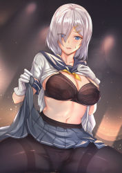 Rule 34 | 1girl, antiqq, black bra, black panties, black pantyhose, blue eyes, blush, bra, breasts, clothes lift, gloves, hair ornament, hair over one eye, hairclip, hamakaze (kancolle), highres, kantai collection, large breasts, lifted by self, light particles, looking at viewer, open mouth, panties, panties under pantyhose, pantyhose, pleated skirt, school uniform, serafuku, shirt lift, short hair, short sleeves, silver hair, skirt, skirt lift, solo, spread legs, sweatdrop, underwear, white gloves
