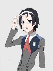 Rule 34 | 10s, 1boy, black hair, blue eyes, commentary request, darling in the franxx, finger to head, hair ornament, hairband, hand up, highres, hiro (darling in the franxx), horns, long sleeves, male focus, military, military uniform, motuno 253, necktie, oni horns, open mouth, red necktie, short hair, solo, spoilers, uniform, white hairband