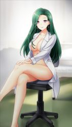 Rule 34 | 1girl, barefoot, blurry, blurry background, breasts, cleavage, closed mouth, collarbone, crossed legs, doukyuusei another world, earrings, game cg, green hair, hand on own knee, indoors, jewelry, kakyuusei, lab coat, lab coat, large breasts, long hair, looking at viewer, mitsuki shizuka, naked labcoat, official art, purple eyes, sitting, smile, solo, straight hair, very long hair