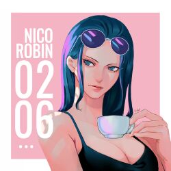 Rule 34 | ..., 1girl, artist name, bare shoulders, black hair, blue eyes, character name, closed mouth, commentary request, cup, eyewear on head, holding, holding cup, k164, long hair, nico robin, one piece, round eyewear, solo, sunglasses, teacup