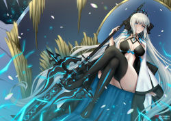 Rule 34 | 1girl, black bow, black dress, black footwear, blue eyes, boots, bow, braid, breasts, center opening, cleavage, crossed legs, dress, fate/grand order, fate (series), french braid, grey hair, hair bow, highres, large breasts, long hair, long sleeves, looking at viewer, morgan le fay (fate), nail polish, pelvic curtain, ponytail, ryuuneart, sidelocks, sitting, solo, staff, thigh boots, thighhighs, thighs, throne, two-tone dress, very long hair, white dress, wide sleeves