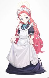 Rule 34 | 1girl, absurdres, apron, apron hold, black dress, blue archive, blush, bow, closed mouth, dress, forehead, grey background, hair bow, halo, highres, kneeling, long hair, looking at viewer, maid, maid headdress, purple eyes, red hair, short sleeves, simple background, solo, songchuan li, very long hair, white apron, yuzu (blue archive), yuzu (maid) (blue archive)
