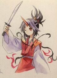 Rule 34 | 1girl, black hair, bow, closed mouth, commentary request, flat chest, hair bow, highres, holding, holding sword, holding weapon, horns, japanese clothes, kaigen 1025, kimono, konngara (touhou), long sleeves, one eye closed, painting (medium), ponytail, red bow, red eyes, red horns, red kimono, red skirt, simple background, single horn, skirt, solo, sword, touhou, touhou (pc-98), traditional media, watercolor (medium), weapon, white background, white sleeves, wide sleeves