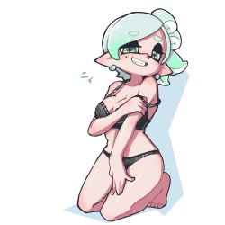 +_+ 1girl barefoot black_bra black_panties black_trimmed_panties bow bow_panties bra bra_strap collarbone covering_breasts covering_crotch covering_privates earrings fang green_eyes green_hair highres inkling jewelry kneeling marie_(splatoon) mole mole_under_eye multicolored_hair nintendo no_pants no_shirt panties smile splatoon_(series) tentacle_hair trimmed_panties two-tone_hair underwear whichdoll white_hair