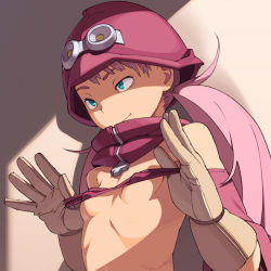 Rule 34 | 00s, 1girl, aqua eyes, bandana, breasts, cynthia lane, covered erect nipples, flat chest, gloves, go robots, goggles, hat, lifted by self, looking away, overman king gainer, pink hair, ponytail, small breasts, solo, twintails, upper body