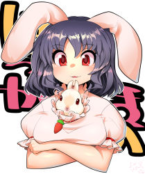 Rule 34 | 1girl, :3, animal ears, between breasts, black hair, blush, breasts, carrot necklace, crossed arms, dress, highres, inaba tewi, necklace, rabbit, rabbit ears, red eyes, short hair, solo, touhou, umigarasu (kitsune1963), wavy hair, white dress