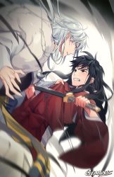 Rule 34 | 2boys, black eyes, black hair, brothers, clenched teeth, eye contact, facial mark, fingernails, floating hair, gearous, highres, holding, holding sword, holding weapon, inuyasha, inuyasha (character), japanese clothes, katana, kimono, long hair, looking at another, male focus, multiple boys, red kimono, sesshoumaru, sharp fingernails, siblings, silver hair, sword, teeth, weapon