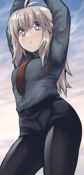 Rule 34 | 1girl, :o, antenna hair, arms up, belt, belt buckle, black belt, black pants, blue sky, breasts, brown hair, buckle, cloud, cloudy sky, collared shirt, commentary request, day, dress shirt, green eyes, grey shirt, hair between eyes, highres, koshirae tsurugi (m.m), long hair, looking at viewer, m.m, necktie, original, outdoors, pants, parted lips, red necktie, shirt, sidelocks, sky, small breasts, solo