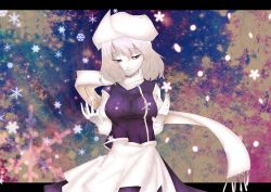 Rule 34 | 1girl, bad id, bad pixiv id, female focus, hat, jitome, letterboxed, letty whiterock, mkz, pale skin, petals, scarf, short hair, snowflakes, solo, touhou, white hair, white scarf