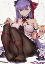 Rule 34 | 1girl, bare shoulders, bb (fate), bb (fate/extra), black pantyhose, blush, bra visible through clothes, breasts, cleavage, detached collar, dress, fate/extra, fate/extra ccc, fate (series), feet, food, food art, hair ribbon, haoni, highres, large breasts, licking lips, long hair, looking at viewer, maid headdress, nail polish, no shoes, omelet, omurice, pantyhose, purple eyes, purple hair, red ribbon, ribbon, see-through, sitting, smile, solo, thighs, toes, tongue, tongue out, v-shaped eyebrows, very long hair
